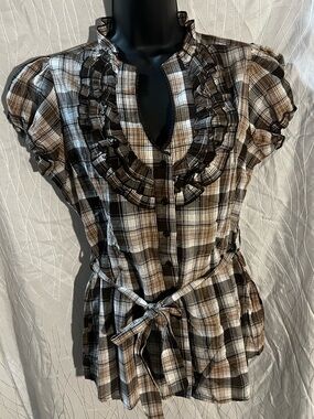 Max Rave- Womens Brown Plaid Ruffle Button-Front Top